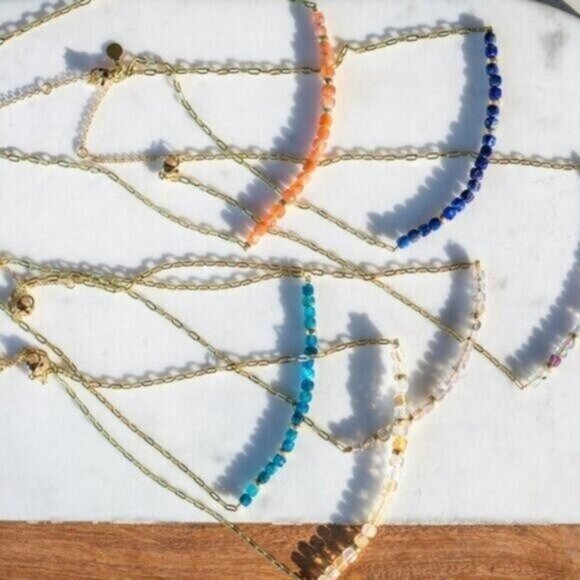 Gemstone Necklace Gold Paperclip Chain Blue amazonite Beaded Necklace - Picture 8 of 11